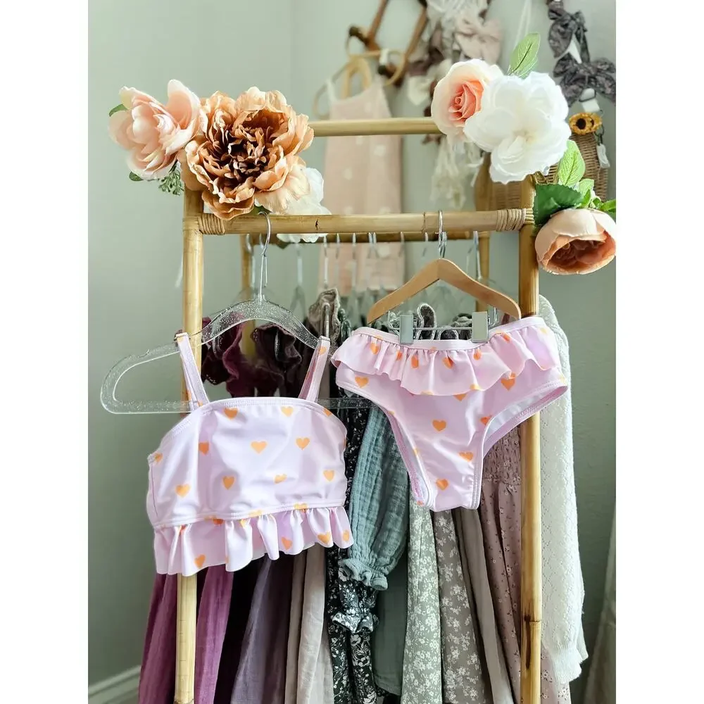 New Darling Heart Print Blush Pink Frill Trim 2pc Cami Swimsuit 4T